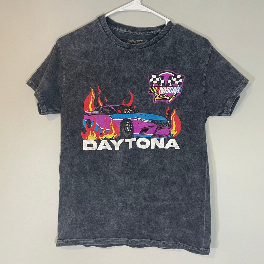 NASCAR Daytona Racing Graphic Tee Womens Gray Acid Wash Cotton S Grunge Y2K 90s